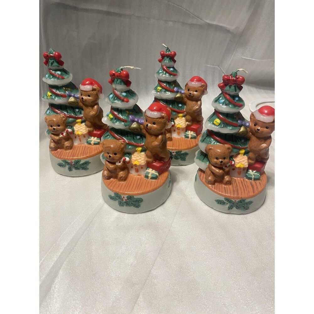 Vintage Christmas Figural Candles Lot 4 Teddy Bears Tree Wax Holiday Decor HTF
